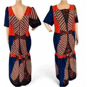 African Maxi Dress Orange Blue Stripe Print L